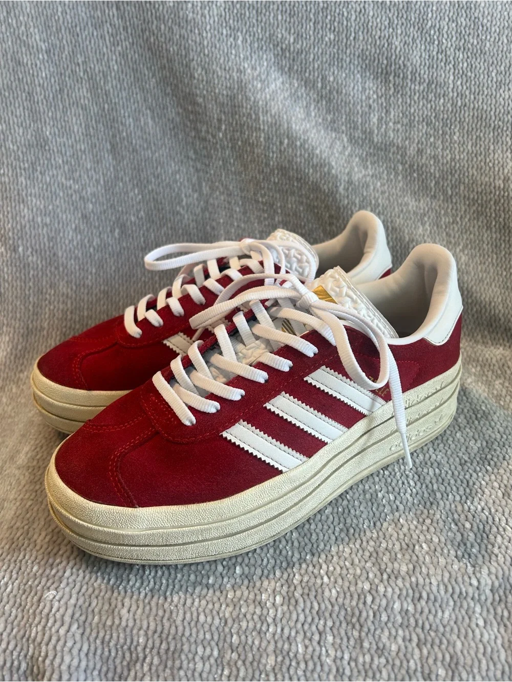 adidas Gazelle Bold Platform Sneakers | White Stripes | Red Suede | Cream Soles